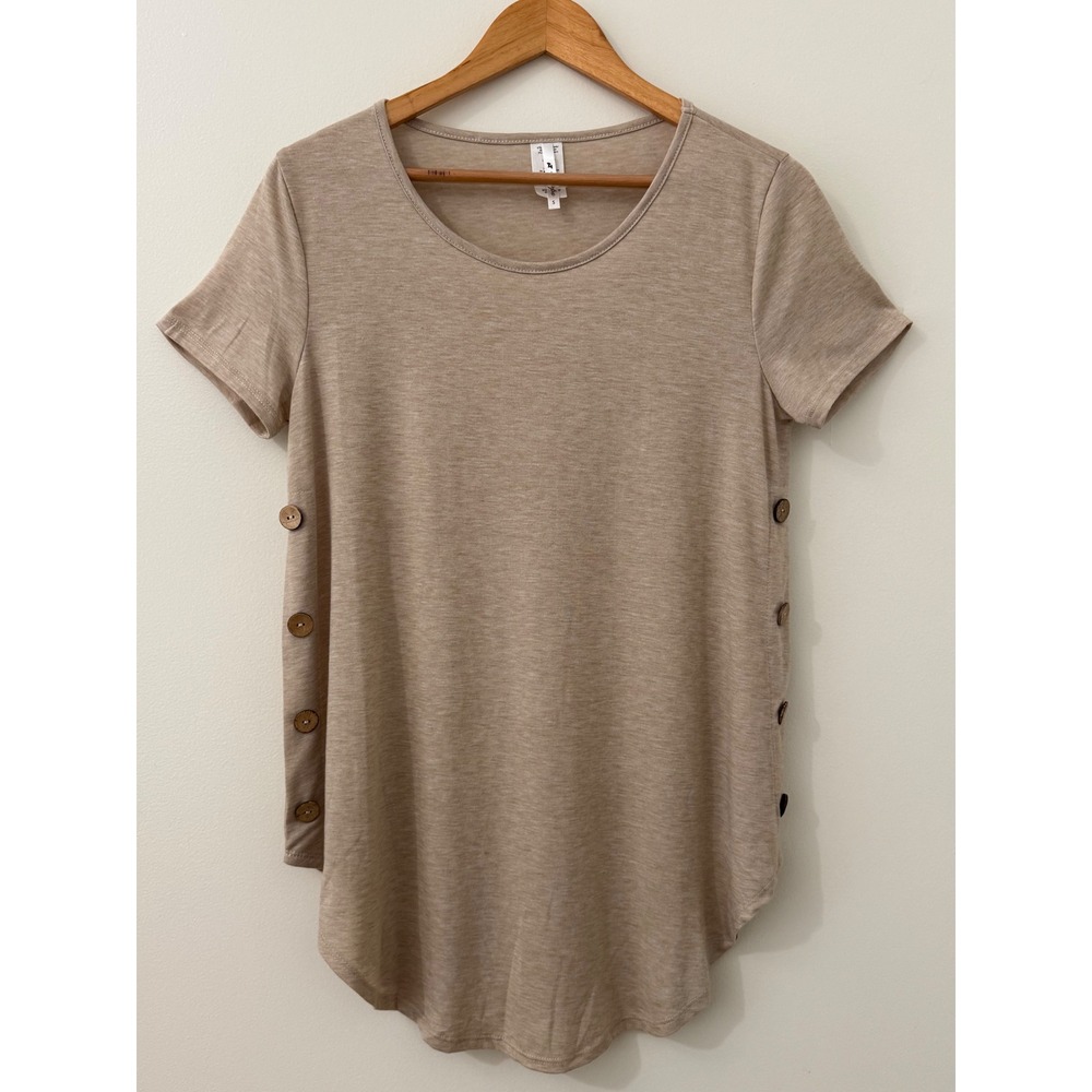 42Pops S Beige Side Button Tunic Top Short Sleeve High Low Hem Stretch Casual - Picture 3 of 8